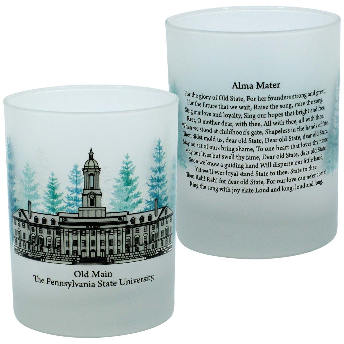 frosted rocks glass with Old Main PSU on one side, Penn State Alma Mater on other